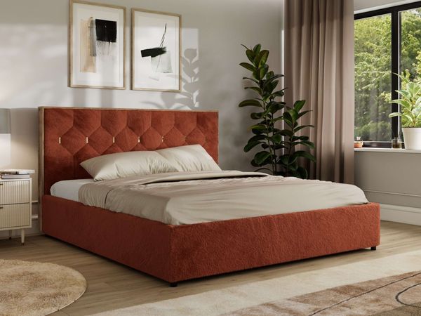 Polsterbett mit Bettkasten LARINO CLASSIC 160 x 200 cm Lattenrost und Gasdruckfedern, stabiles Bettgestell, modernes Design Multipocket Matratze - Orange Plüsch - ELORI LUX