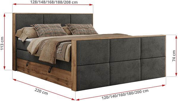 Doppelbett, Boxspringbett mit zwei Multipocket-Matratzen und ein Topper, Bettkästen, Eiche Wotan Holzrahmen, genähtes Kopfteil und Front - ALBERO 2 KING DUO - 140 x 200 cm - Dunkelgrau Velours - H4 Bild 6