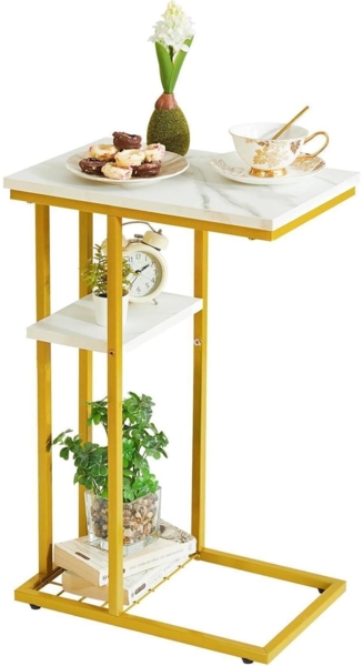 YMYNY Beistelltisch Kaffeetisch C-Form 40x26x61.5 cm Marmormuster Weiß Gold