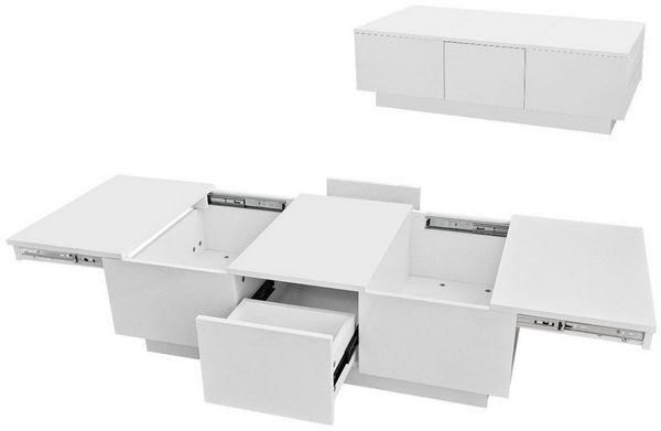 IDEASY Couchtisch Weißer Couchtisch, Hochglanz-Wohnzimmertisch, rechteckiger Couchtisch (Schiebeplatte mit 2 versteckten Ablagefächern unter der Tischplatte), 2 Schubladen auf beiden Seiten, 100*50*31 cm, 80 kg Belastbarkeit