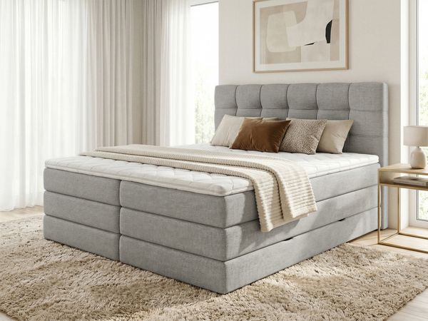 Boxspringbett Best XL mit 2 Bettkästen und Topper, mit Taschenfederkern- und Bonellfederkernmatratze, Doppelbett, Polsterbett aus Webstoff mit Stauraum (Grau (Inari 91), 180x200 cm)
