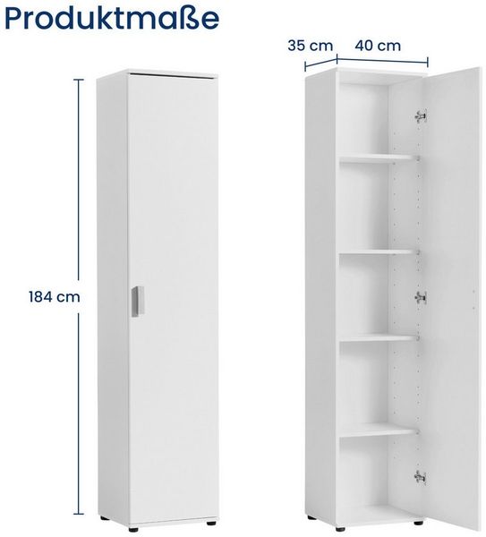 Home Collective Mehrzweckschrank Schmaler 40 cm breit mit 1 Tür & 4 Einlegeböden (Universalschrank Haushaltsschrank für Haushalt, Flur, Büro oder Schlafzimmer) 40x35x184 cm (BxTxH), Weiß