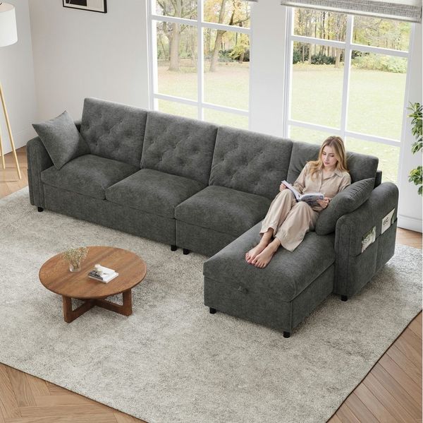 i@home Ecksofa L-förmiges Sofa, 4-Sitzer Sofa, Beige/Grau, mit Magazintaschen, Rückenlehne mit Knopfheftung, (281×86×71 cm)