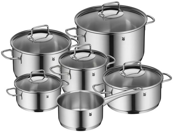 WMF Topf-Set Astoria, Cromargan® Edelstahl Rostfrei 18/10 (Set, 11-tlg, 2x Bratentopf mit Deckel, 3x Kochtopf mit Deckel, 1x Stielkasserolle), 11-teilig, hochglanzpoliert, mit Schüttrand, TransTherm-Allherdboden