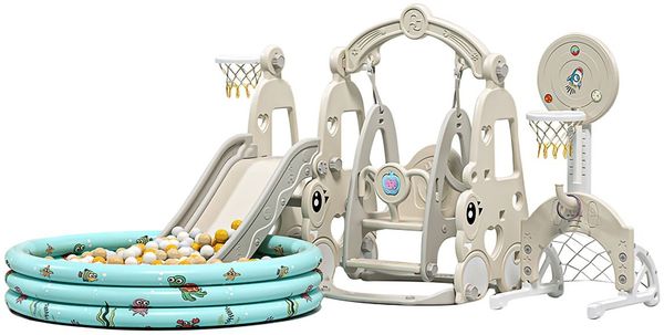 Moni Kinderrutsche 6in1 Schaukel Basketballkorb Fußballfeld Planschbecken Musik grau