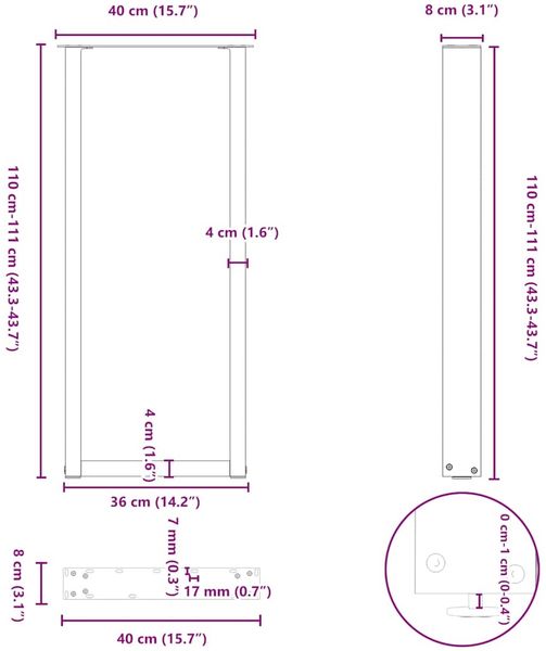 vidaXL Bartischbeine U-Form 2 Stk. Schwarz 40x(110-111) cm Stahl 4013240 Bild 10
