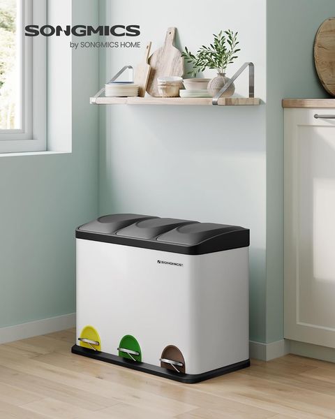 SONGMICS Mülleimer, Mülltrennsystem, Abfalleimer, Edelstahl, 45 L, Wolkenweiß