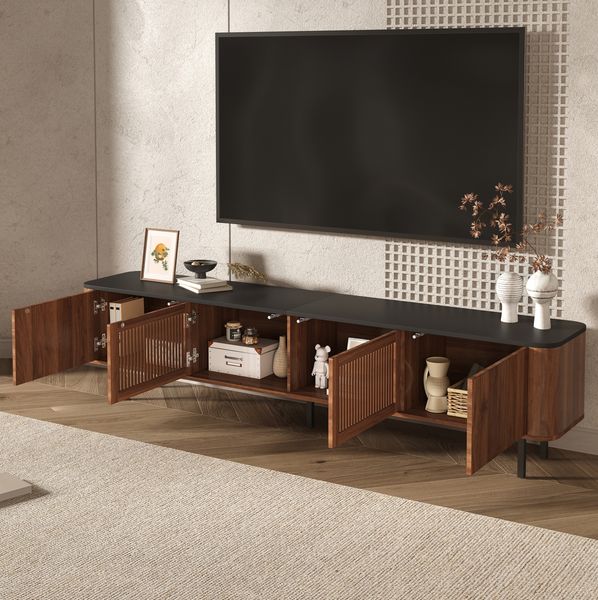 TV-Schrank mit Gittertüren & Ablagefächern, 190x35x45 cm, Nussbaum