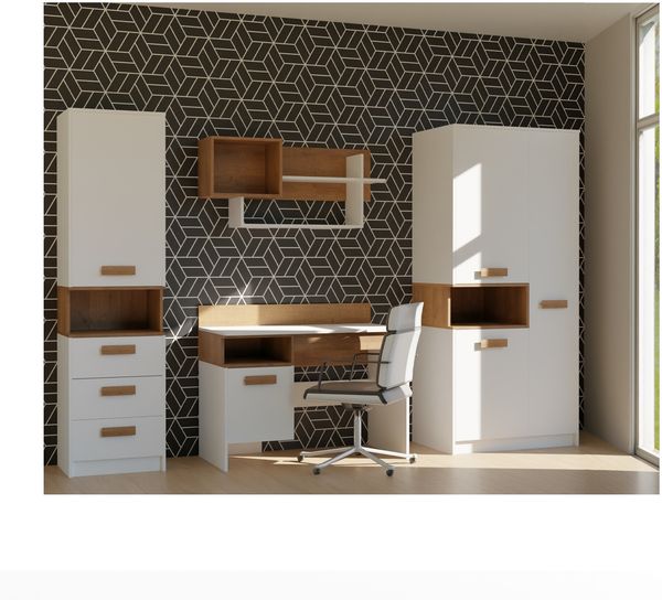 Marmex Möbel Grant Set-A Jugendzimmer Komplett-Set 4-teilig mit Kleiderschrank, Schreibtisch, Wandregal, geschlossenes Regal, Kinderzimmermöbel mit Schreibtisch, laminierte Spanplatte, Kleiderstange, weiß+riviera Eiche, 250x195x55 cm