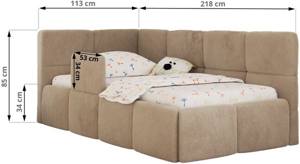 Jugendbett, Kinderbett mit Kopfteil ARVO ALTA 90 x 200 cm, Polsterbett mit Stauraum, hoher Schlafkomfort - Beige Plüsch - Links Bild 6