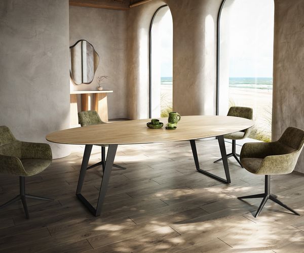 Esstisch Edge Oval 280x130 cm Keramik Laminam® Sabbia Eichefarbig Metall Schräg Schwarz