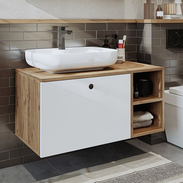 Roomart LOTUS-I-95 Badmöbel Set– 2-teiliges Badezimmermöbel Set - Waschbecken mit Unterschrank - H 45 x B 45 x T 95 cm • Weiß-Eiche