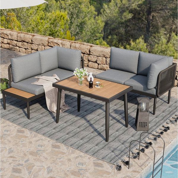 OKWISH Gartenlounge-Set Garten-Essgruppe, (Garten-Lounge-Set, Gartenmöbel-Set, Outdoor-Sofa-Set, Balkonset, 3-tlg, Ecksofa + Esstisch, Ecke), verzinktes Stahlrohr, Tischplatte Kunststoff Holz