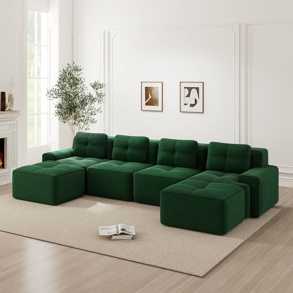 Boneless Sofas für Wohnzimmer,Modulares Sofa mit U-förmiger Chaiselongue 4-Sitzer Bequem Polstertes Tiefsitz 80% Corduroy-Cloud-Sofa Montagefreies Sofa Rutschfestes Design,Corduroy,Grün,
