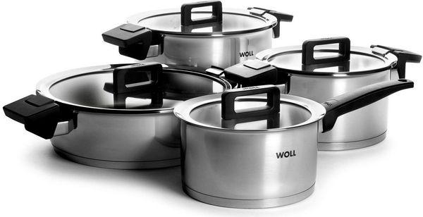 WOLL Kochtopf‑Set Concept 4‑tlg. Edelstahl 18/10 mit Alu‑Induktionsboden Ø 18/20/24/28 cm Abgießdeckel Alle Herdarten inkl. Induktion Backofenfest bis 200 °C Spülmaschinenfest