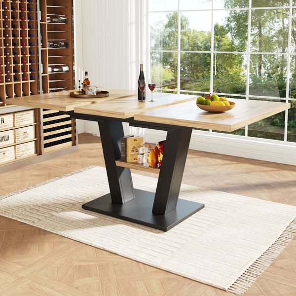 Esstisch Teleskoptisch (118-157×70×75cm), Tisch, Küchentisch, Ausziehtisch, mit Hilfe innenliegender Einlegeplatten auf 118-157cm ausziehbar, für Küche und Wohnzimmer, Holzfarbener Esstisch
