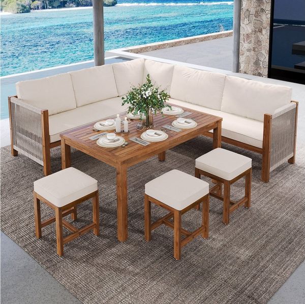 Celya Gartenlounge-Set Gartenlounges, Gartenmöbel Set 8 Personen mit Esstisch, (Outdoor-Tisch- und Stuhl-Set für 7–8 Personen, mit Sofa, 3 Hocker und 1 Tisch, Akazie, Beige+Natur), Gartenmöbel Set mit Kissen, Ecksofa, Polyrattan Lounge