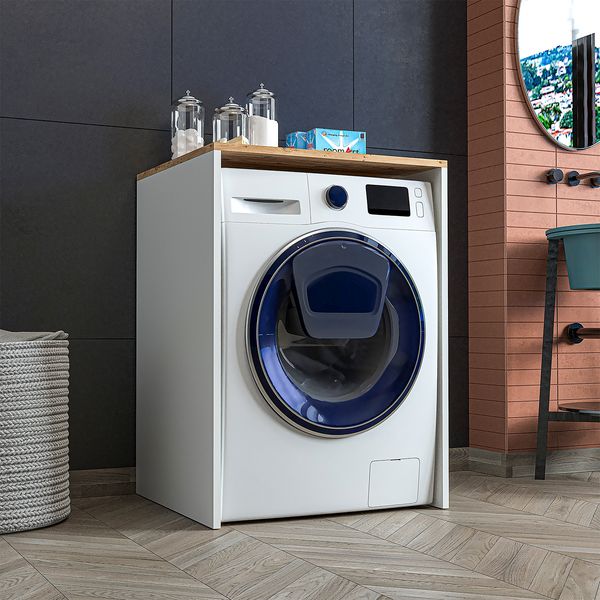 Roomart Badezimmer Waschmaschinenschrank - SERIE ATLANTIC-IV- 65 cm breit, Badezimmerschrank für Waschmaschine – 65 × 90 × 60 cm – Weiß-Eiche oder Anthrazit-Eiche – platzsparend & modern • Weiß-Eiche