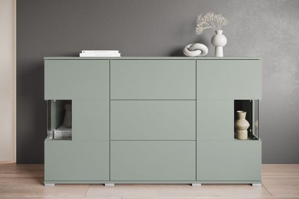 OTTO home Sideboard Kenia (1 St), Sideboard mit 3 Schubladen, 6 Fächern, Glastüren, Breite 150 cm