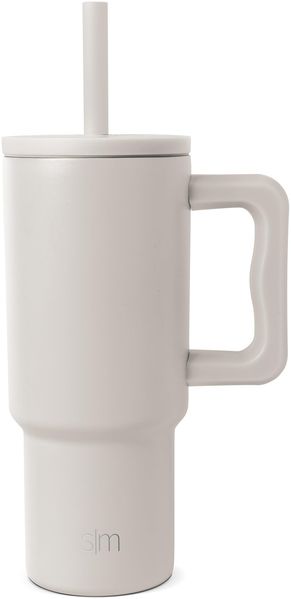 Simple Modern Thermobecher mit Silikonstrohhalm und Griff | Isolierter Edelstahl-Trinkbecher Eiskaffee-Reisebecher | Trek | 710ml | Almond Birch