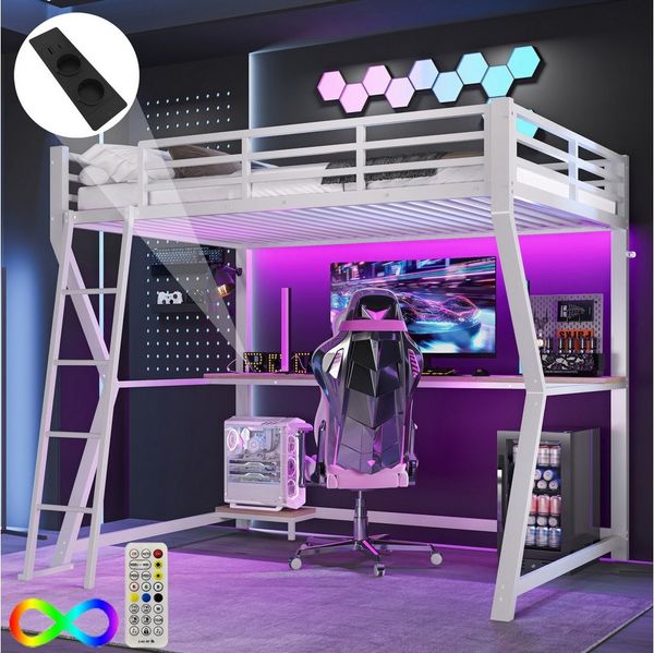 TavilaEcon Hochbett Kinderbett Jugendbett mit Ambientelicht, Computerkonsolenablage (Ohne Matratze) & Schreibtisch, USB-Steckdose, Treppe, 90x200cm