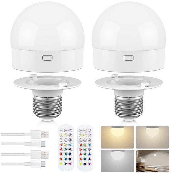 Jibenhome LED Nachtlicht Dimmbar Nachtlampe mit Fernbedienung, Nachttischlampe 3 Farbe/RGB USB, Schranklicht E27 Timer Unterbauleuchte Küche, Akku Aufladbar Batterie