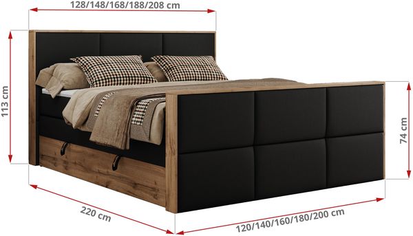 Doppelbett, Boxspringbett mit zwei Multipocket-Matratzen und ein Topper, Bettkästen, Eiche Wotan Holzrahmen, genähtes Kopfteil und Front - ALBERO 2 KING DUO - 140 x 200 cm - Schwarz Kunstleder - H4 Bild 6