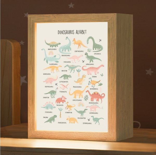 OnlyWow Nachttischlampe Lightbox Dinosaurier-Alphabet - Lernen für Kinder - Dino's - Lernen -, Dimmbar, Farbwechsel, LED, Warmweiß, Kaltweiß, Neutralweiß Einstellbar, Kinderzimmer, Babyzimmer, Dimmbar, mit Kabel, Nachtlampe, LED