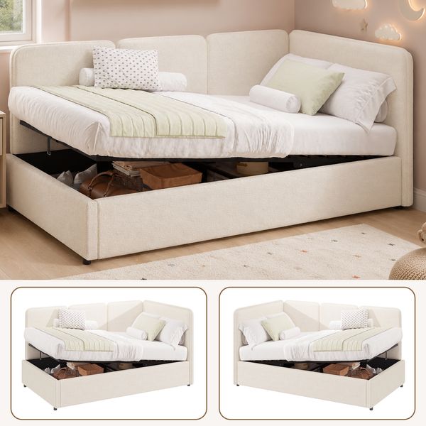 Daybett 90x200 cm mit hydraulischem Stauraum, Polsterbett, Tagesbett, Links und rechts tauschen, bouclé, beige