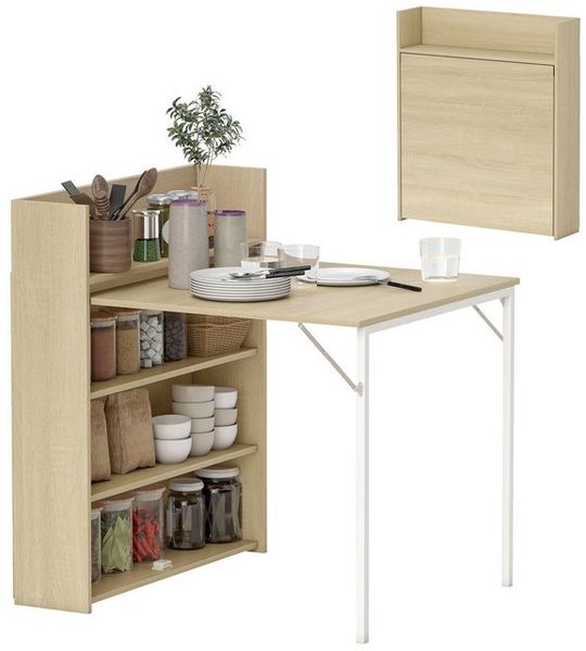 HOMCOM Klapptisch Klappbar Esstisch mit 4-stufigen Regalen für 3 Personen (Esszimmertisch, 1-St, Küchentisch), für kleine Räume, Küche, Esszimmer, 78,5 x 91 x 93 cm, Eiche Bild 4