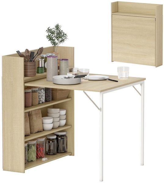 HOMCOM Klapptisch Klappbar Esstisch mit 4-stufigen Regalen für 3 Personen (Esszimmertisch, 1-St, Küchentisch), für kleine Räume, Küche, Esszimmer, 78,5 x 91 x 93 cm, Eiche