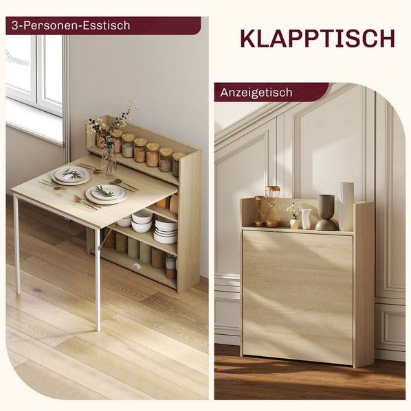 HOMCOM Klapptisch Klappbar Esstisch mit 4-stufigen Regalen für 3 Personen (Esszimmertisch, 1-St, Küchentisch), für kleine Räume, Küche, Esszimmer, 78,5 x 91 x 93 cm, Eiche Bild 3