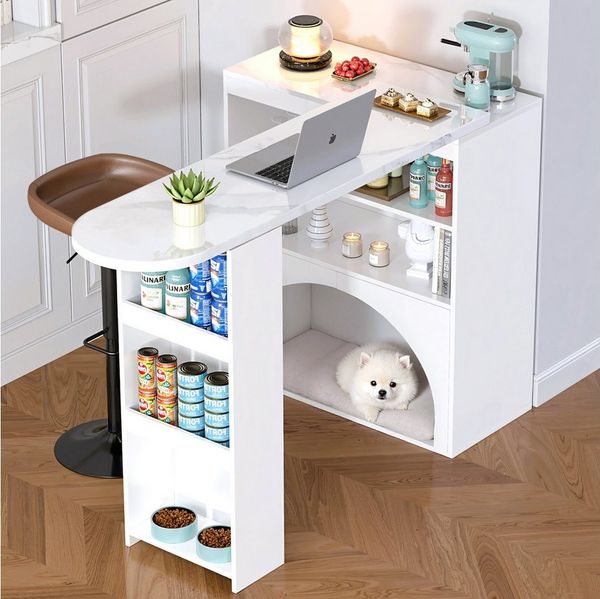 Flieks Bartisch 360° drehbar Esstisch & Sideboard 2-in-1 (Tischplatte in Marmoroptik, 2-St, 2er Set), Stehtisch & Mehrzweckschrank mit offenen Ablagen und Haustierbereich