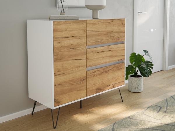 Sideboard Kommode Altan 100cm Greifraum 3 SoftClose 1 Tür Weiß/Eiche Front : Oak Gold / Weiss hochglanz