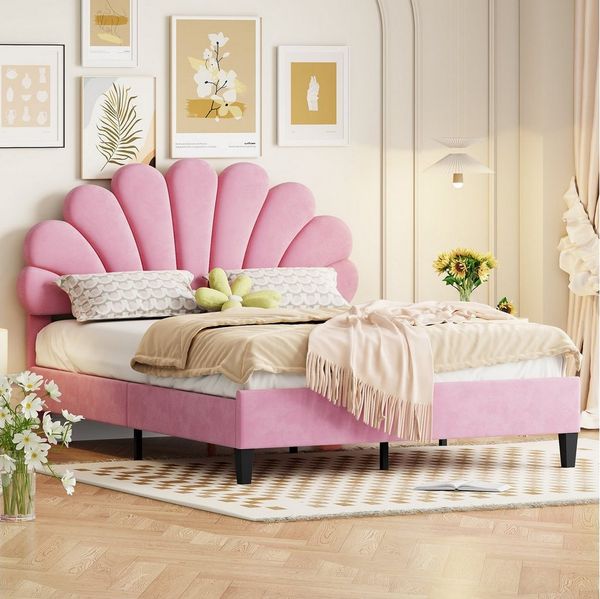 STILVORA Kinderbett 140x200 Polsterbett Gästebett mit Matratze,Jugendbett mit Lattenrost (Samtstoff, mit blumenförmigem Kopfteil und Lattenrost), Mit Matratze