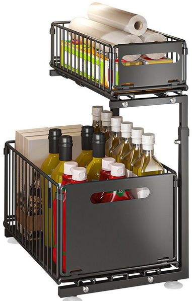 JEOBEST Küchenregal Küchen-Organizer, Unter Waschbecken Regal Metall, Ausziehbar Schublade, 2 Etagen, Höhenverstellbar, Herausziehen Regal Veranstalter