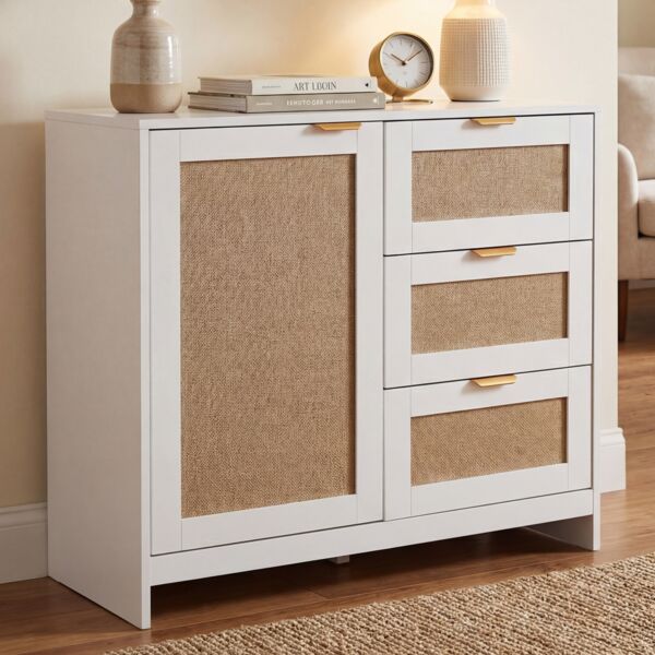 Kommode HWC-P50, Schrank Sideboard Highboard, Schubladen Staufach, MDF Melamin Leinenfront ~ weiß