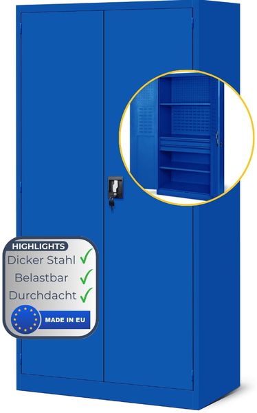 Werkzeugschrank mit Lochwand AESO - Mit Schubladen, Abschließbar | Metallschrank mit Werkzeugwand Werkstattschrank Perforierte Rückwand, 185x92x50cm Blau