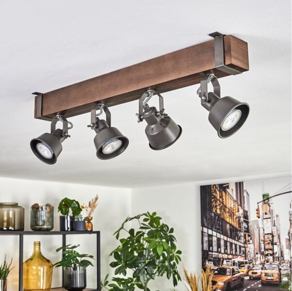 hofstein Deckenleuchte Deckenlampe verstellbar aus Metall/Holz in Grau/Dunkelbraun, ohne Leuchtmittel, Deckenleuchte im Industrial/Retro/Vintage-Design m. Holzbalken, 4xGU10