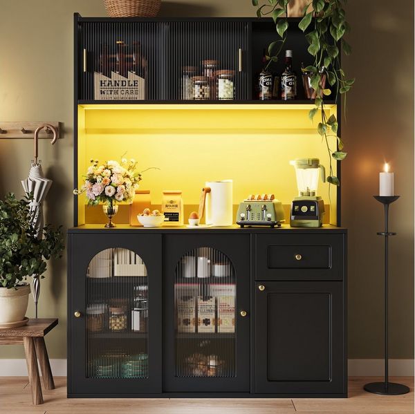 Flieks Küchenbuffet mit LED-Beleuchtung, Glas-Schiebetüren und Schubladen (1-St, B120/T35/H167 cm) Hochschrank Küchenschrank Geschirrschrank mit verstellbare Ablagen