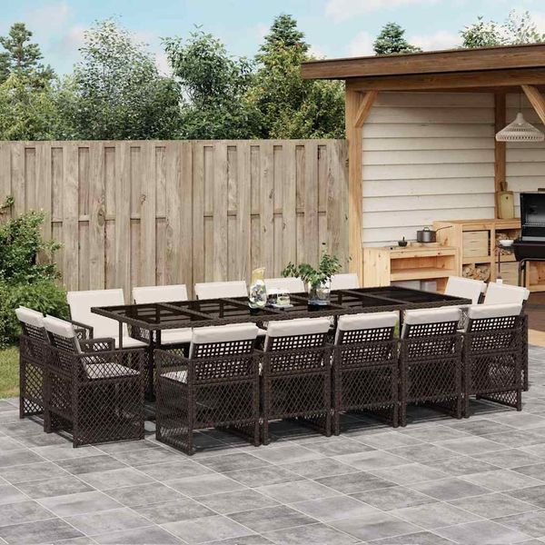 vidaXL 15-tlg. Garten-Essgruppe mit Kissen Braun Poly Rattan 3210873