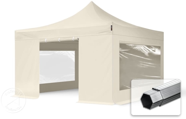 4x4 m Faltpavillon PROFESSIONAL Alu 40mm, Seitenteile mit Panoramafenstern, creme