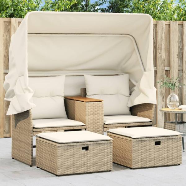 vidaXL Gartensofa 2-Sitzer mit Dach und Hockern Beige Poly Rattan