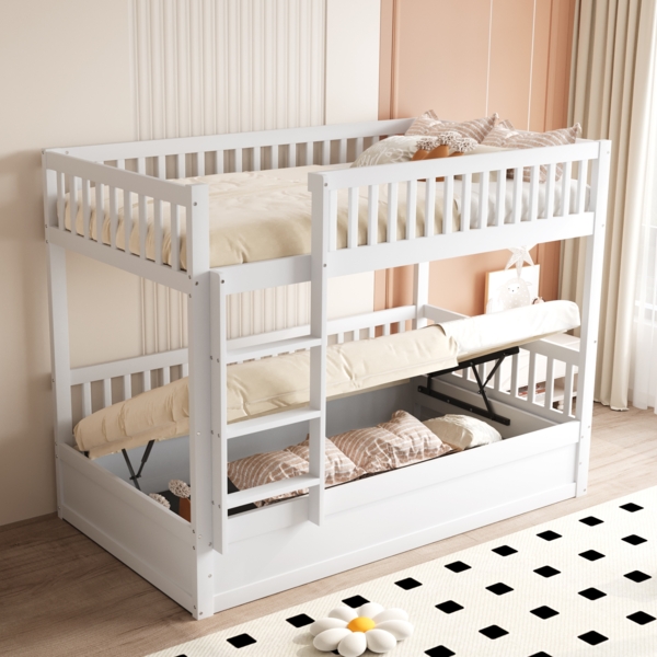 Merax Kinder-Etagenbett 90x200cm, Kinderbett, Massivholz Hydraulisches Lagersystem, Robustes und langlebiges Lagerbett für Kinder Weiß