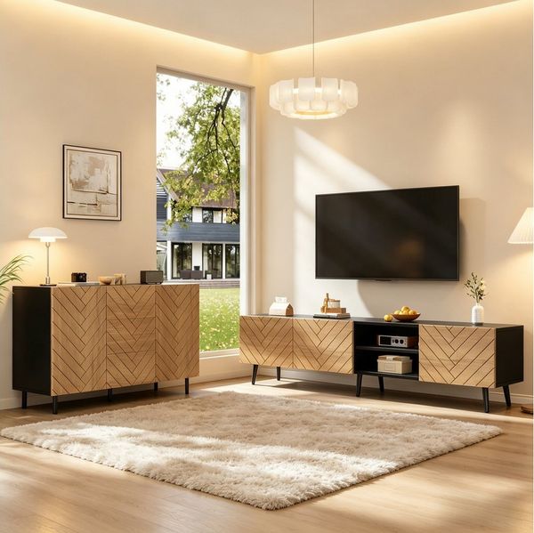 HAUSS SPOLE Sideboard Wohnzimmer-Set mit Sideboard und Fernsehschrank,mit Holzoptik (TV-Möbel Set mit Holzoptik und Kabeldurchführung, 2 St), Wohnzimmermöbel Set mit Kommode und TV-Ständer