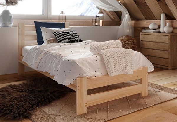 Home Collective Holzbett mit Lattenrost Modern Bett Kiefer Bettgestell Massivholzbett Klassisch (90x200, 120x200, 140x200, 160x200 cm), Einzelbett, Skandi Boho Landhaus Kopfteil hoch 90x200 cm natur