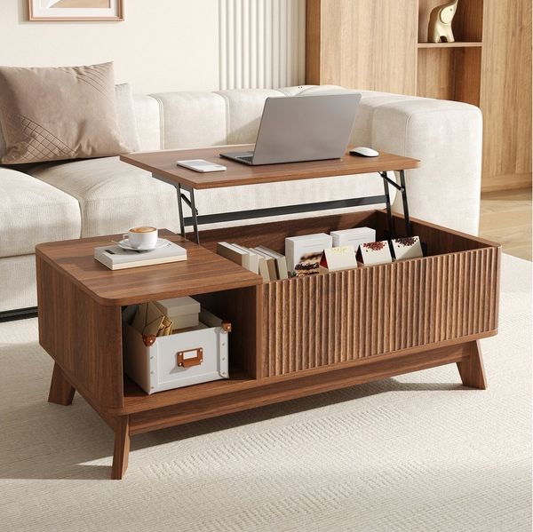 HAUSS SPOLE Couchtisch mit Hubfunktion,Couchtisch Sofatisch mit verstecktem Stauraum,Nussbaum, Höhenverstellbare Tischplatte flexibel nutzbar