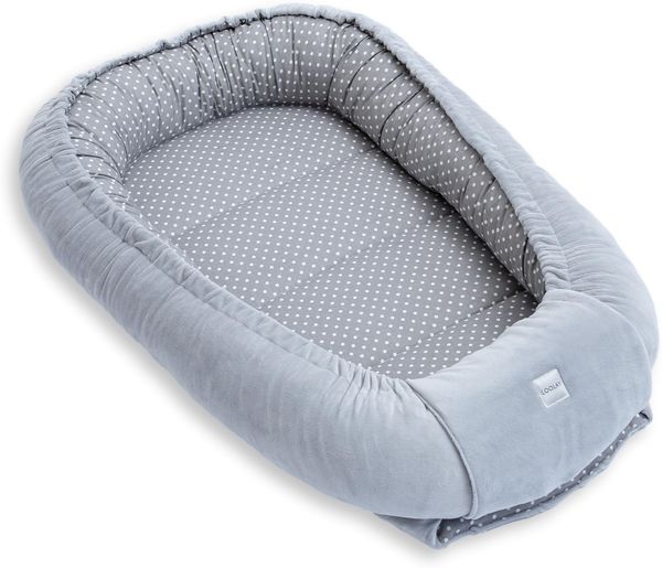 LOOLAY Babynest, Nestchen für Neugeborene – Baby Nestchen 91 × 63 cm, Tragbares Nest aus Samtvelours & Baumwolle – Wendbares, Ganzjährig Nutzbares babynestchen (Punkte Grau)