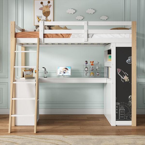 Kinder Etagenbett mit Schreibtisch und Stauraum Massivholz MDF Weiß+Naturfarbe