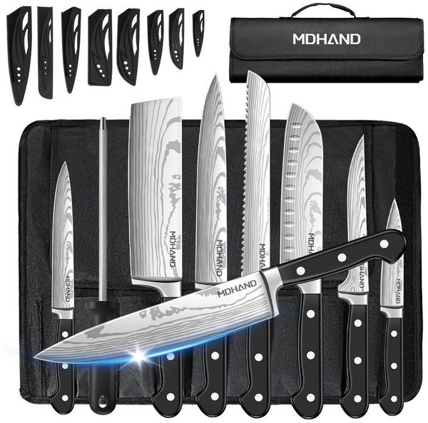 MDHAND Messer-Set 8-teiliges professionelles Kochmesserset, Scharfe Küchenmesser (8-tlg), mit Klingenschutz und Aufbewahrungstasche